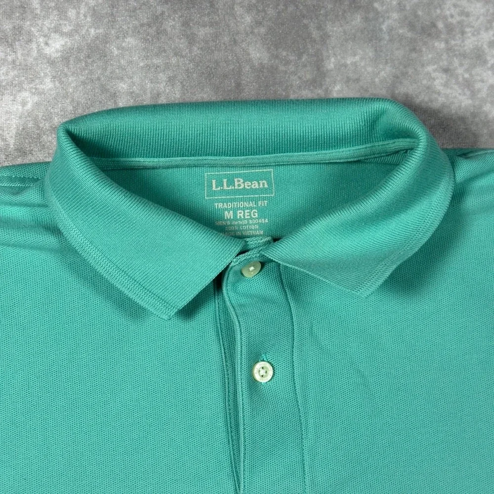 LL Bean Mens Medium Traditional Fit Pique Polo Shirt Teal Green Cotton Casual SS